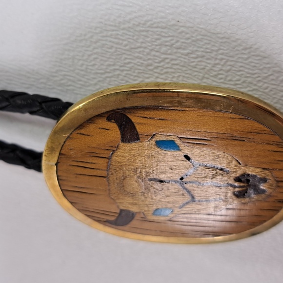 Vintage Buffalo Head Inlay Exotic Wood Brass Bolo With Turquoise Eyes - Picture 9 of 12